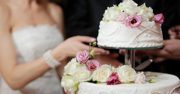 A bride and a groom is cutting their wedding cake