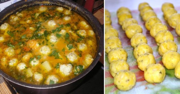 Receta de sopa de verduras con bola de queso.